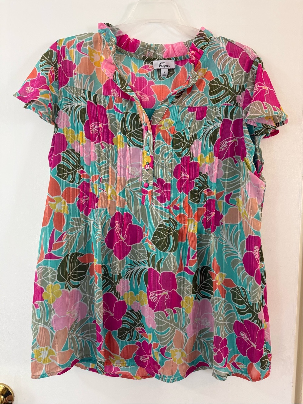Kim Rogers Multicolor Floral Short-Sleeve Blouse - Pink, Teal, Green